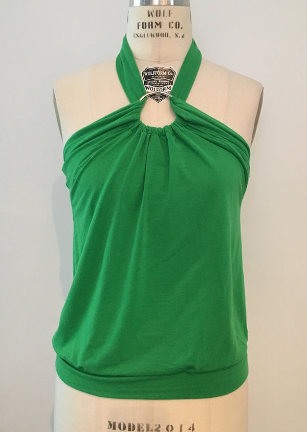 W TOP green halter top with silver ring detail, S