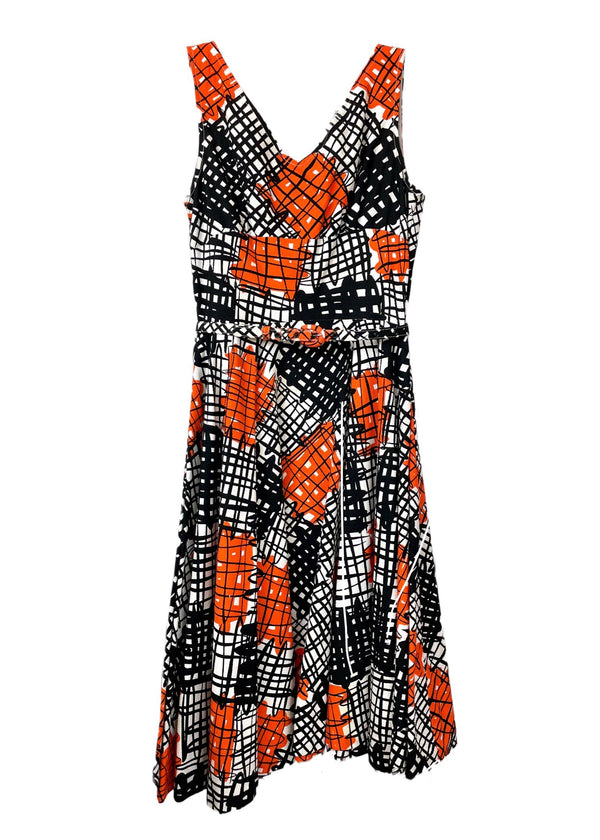 VINTAGE Women's black & orange printed cotton pique sleeveless full circle dress, S / 32B, 26W