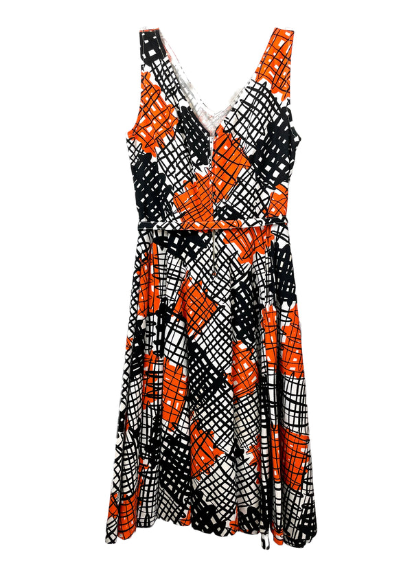 VINTAGE Women's black & orange printed cotton pique sleeveless full circle dress, S / 32B, 26W