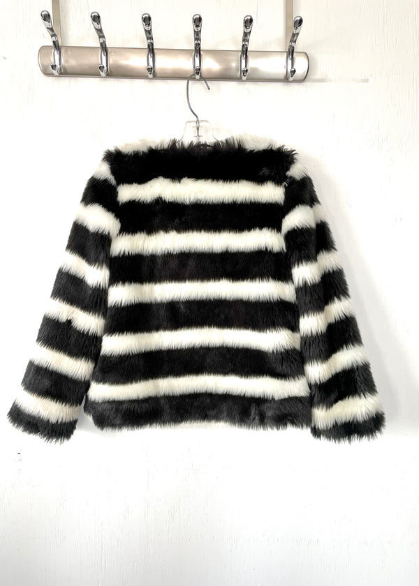 JOE FRESH girls black & white striped faux fur jacket, M/8