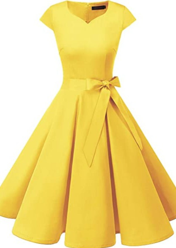 DRESS TELLS Women's yellow fit and flare cotton dress w/ sweetheart neckline, M
