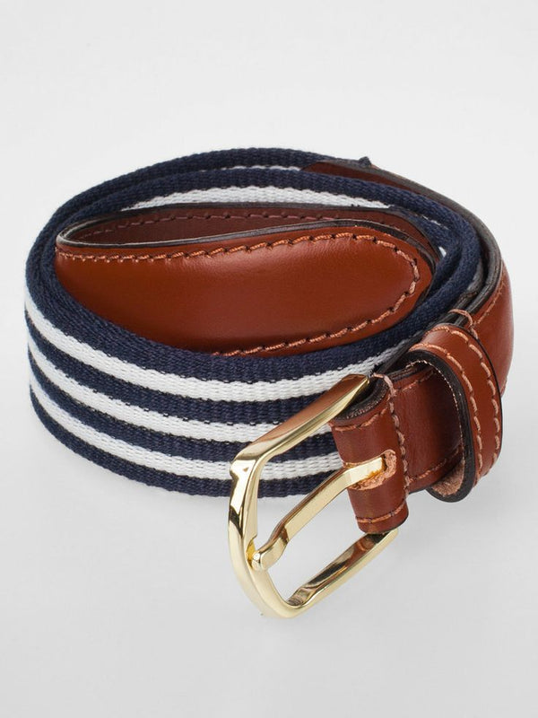 AMERICAN APPAREL Mens navy/cream striped web belt w/ brown leather, L