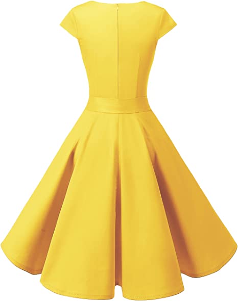 DRESS TELLS Women's yellow fit and flare cotton dress w/ sweetheart neckline, M