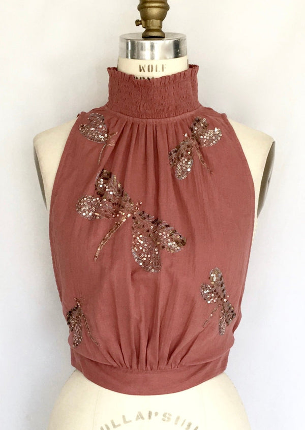 FREE PEOPLE terracotta cotton sequin embellished top w/ smocked mock-neck, XS