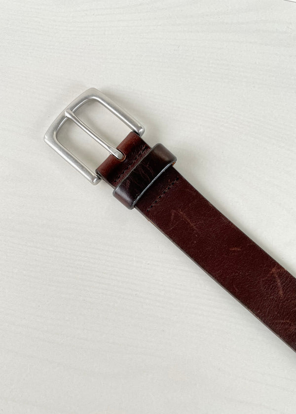 GAP 1969 Mens brown 1.25" wide casual leather belt silver squared buckle, 32"