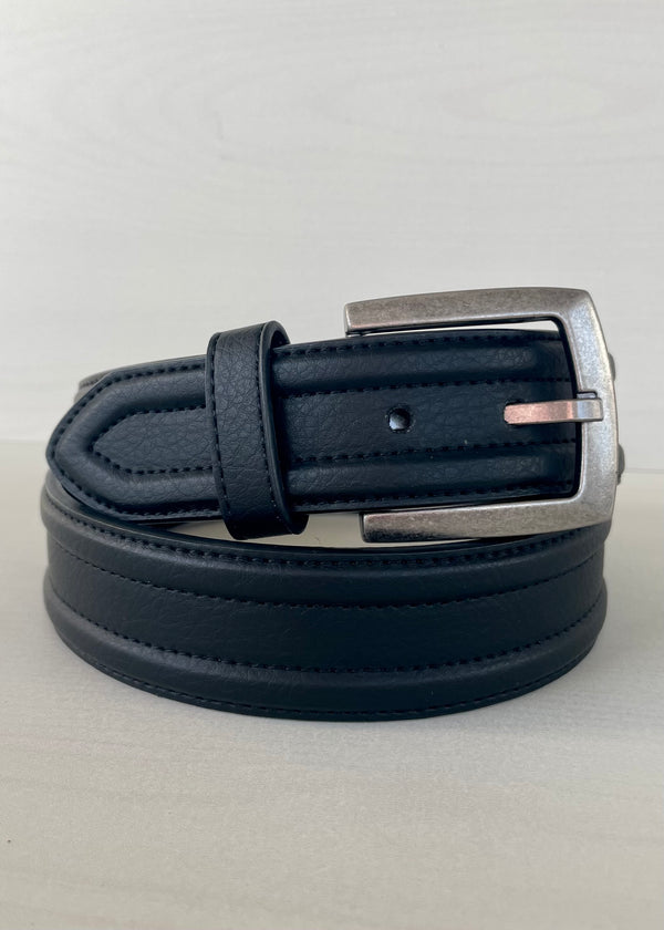 COLUMBIA Mens black leather 1.5" wide casual belt w/ antiqued brushed silver buckle, 34"