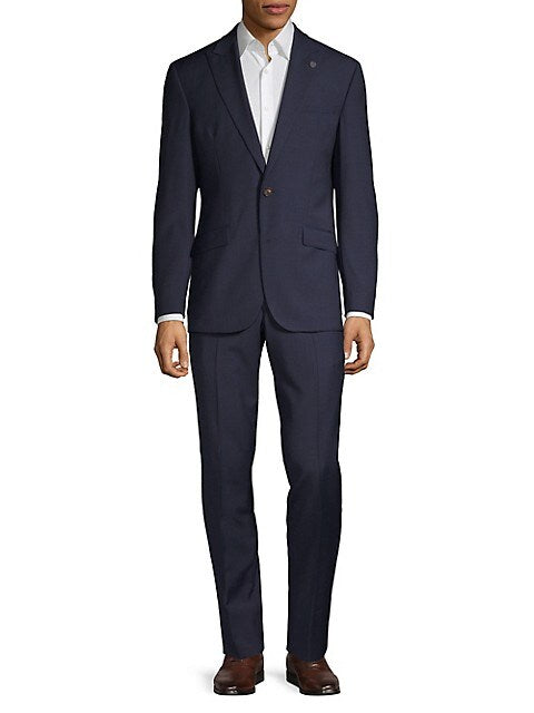 TED BAKER Men's navy suit pinstripe 2 button peak lapel "Jude" cut geo-lining, 44R