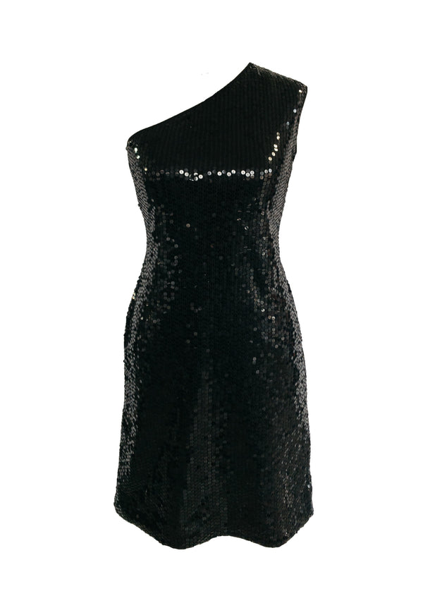 CLUB MONACO black sequin fitted one shoulder cocktail dress, S