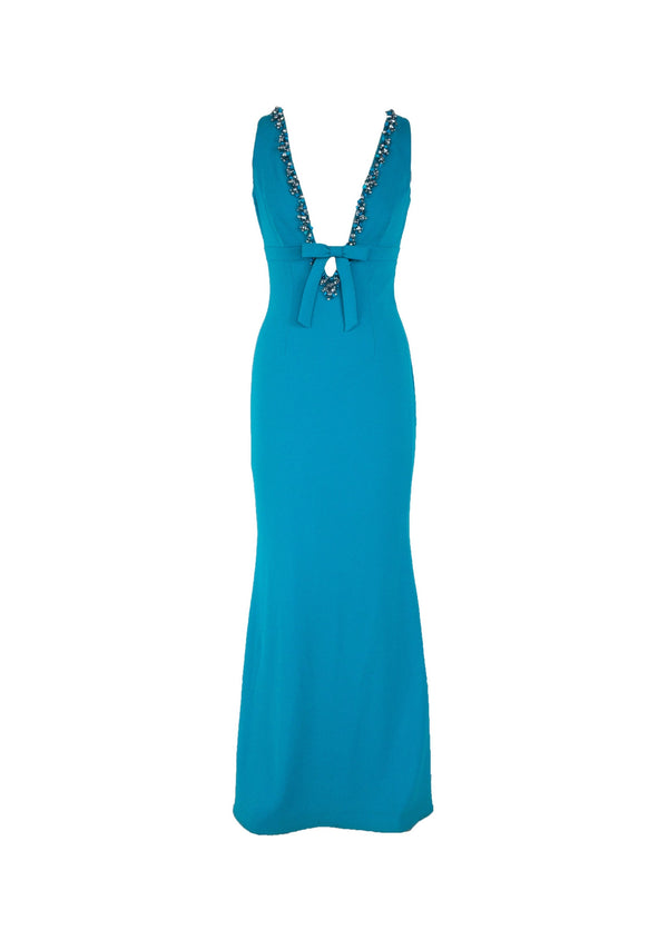 BADGLEY MISCHKA turquoise beaded deep v-neck gown, 2