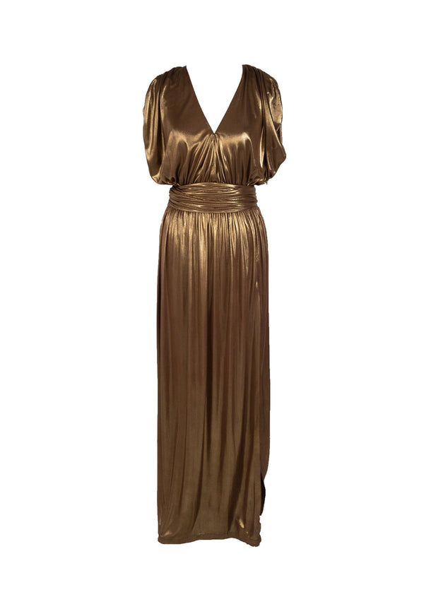 HALSTON Women's dark gold metallic jersey gown elastic waist and self sash, S