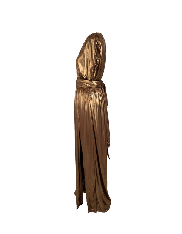 HALSTON Women's dark gold metallic jersey gown elastic waist and self sash, S