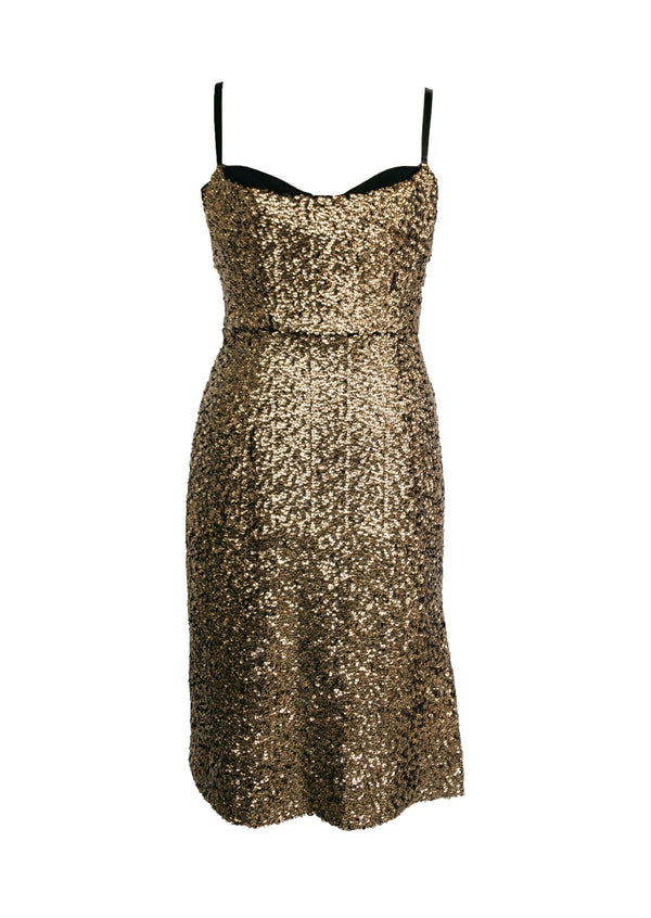 MILLY Women's gold sequin knee length cocktail dress with built in black satin bra, 8