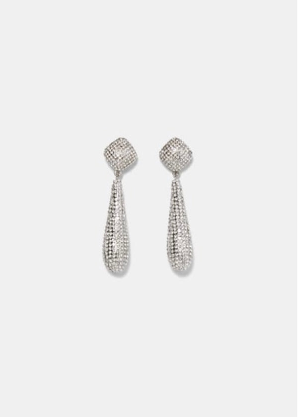 EARRINGS silver pave rhinestone button & drop earring