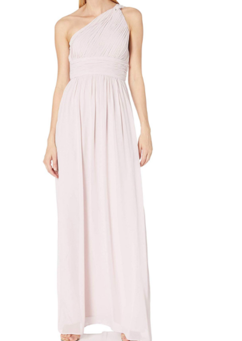DONNA MORGAN pale pink one-shoulder gown in chiffon with banded waist, 12