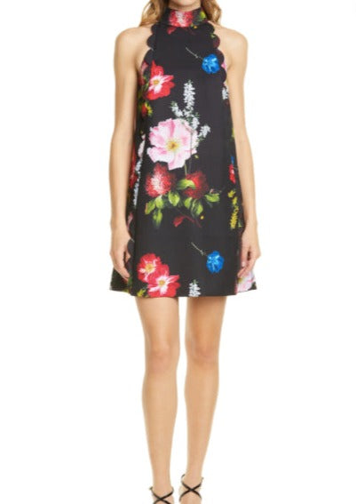 TED BAKER black floral a-line scallop sleeveless shift dress, 4 (US 10)