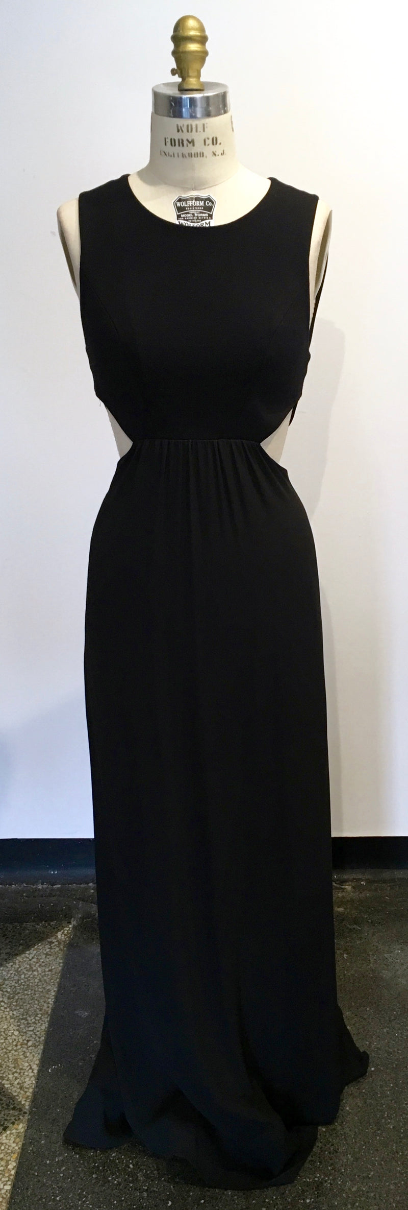 BCBG black crepe/chiffon gown w/ cutout waist and cage back, 8