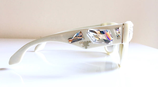 PRADA white acetate oval cat eye sunglasses w/ crystals