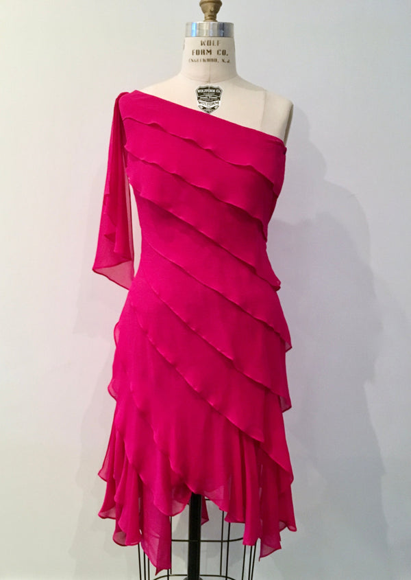 T TADASHI hot pink silk chiffon one-shoulder layered dress, 2