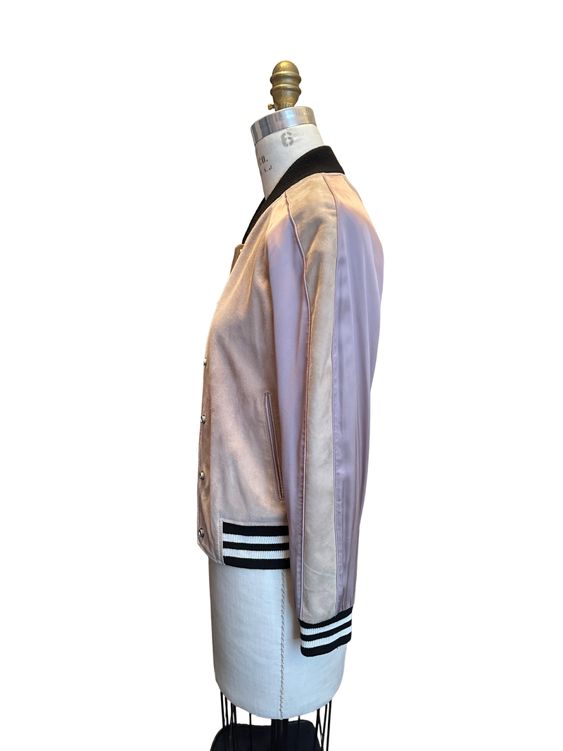 ALL SAINTS Women’s taupe suede & satin panels bomber jacket, S