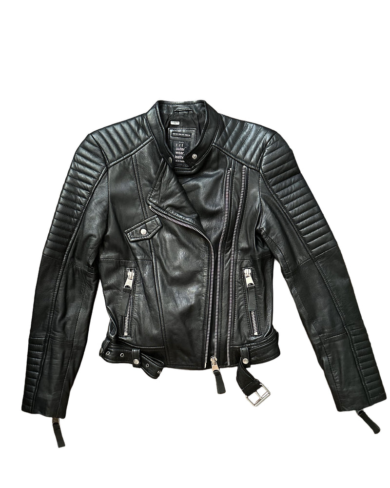 ZARA TRAFALUC Women's black leather moto jacket, XS