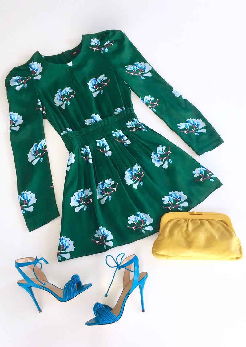 MAJE Women's green silk w/ aqua floral print pleated waist long sleeve mini dress, 4