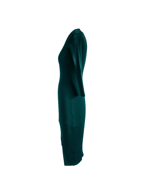REISS forest green long sleeve v-neck knit body-con dress midi length, S
