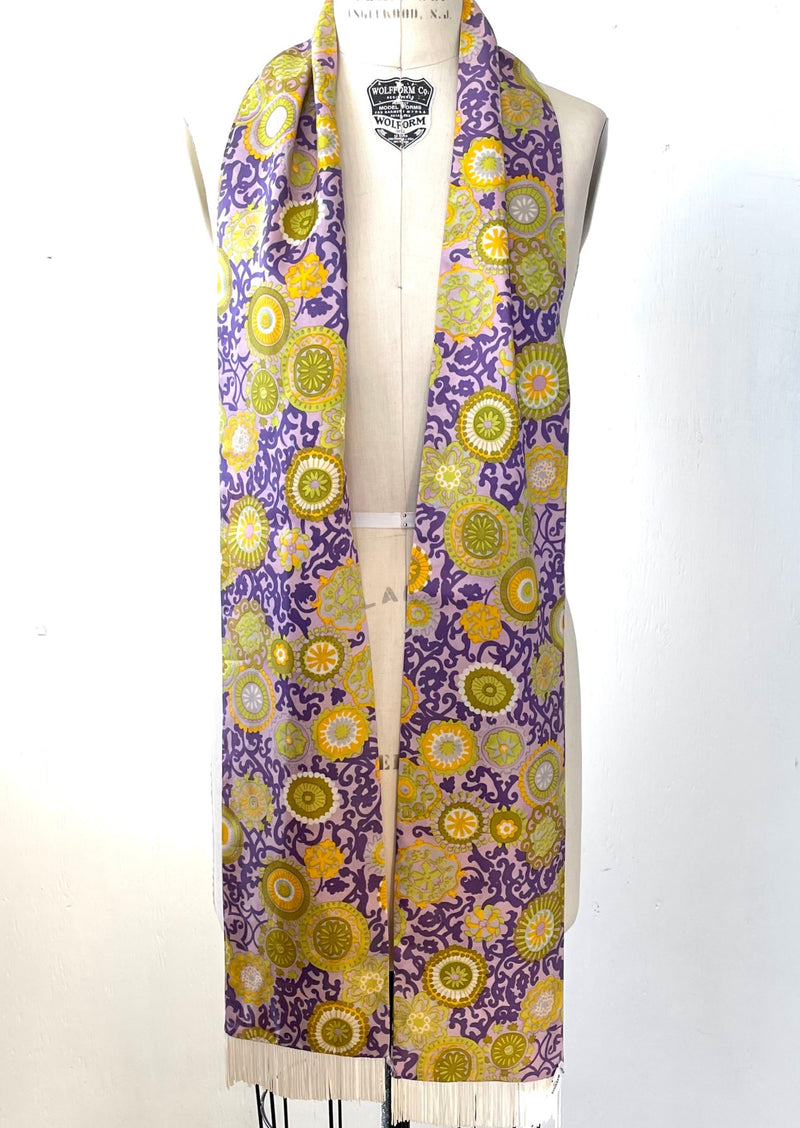 OPERA SCARF Men's VINTAGE purple/green/yellow silk floral fringe scarf