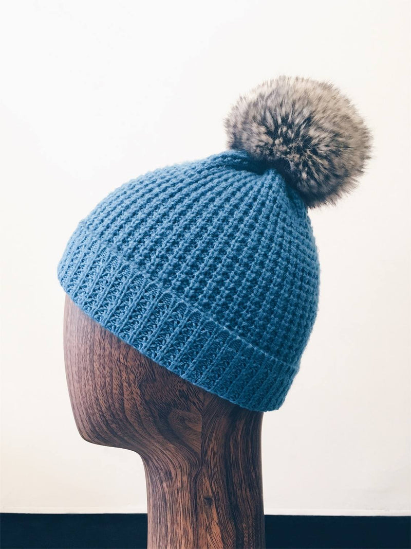 INDIGO turquoise waffle toque w/ faux fur pompom