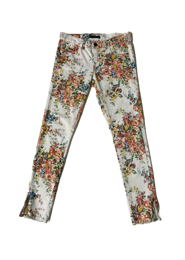 BILLABONG Women's white/coral/yellow/green/blue floral skinny jeans w/ zip up split hem, 1 (26" x 28")