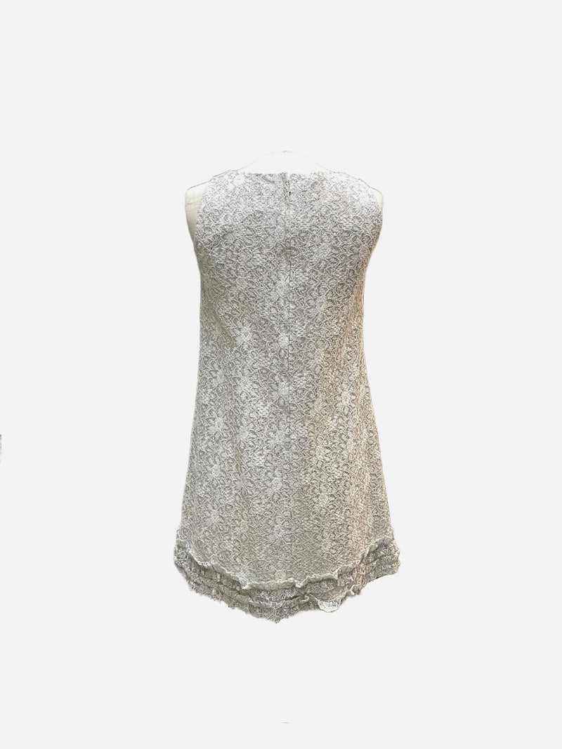 VINTAGE 60's COCKTAIL silver & white corded lace sleeveless A-line dress, 2/4