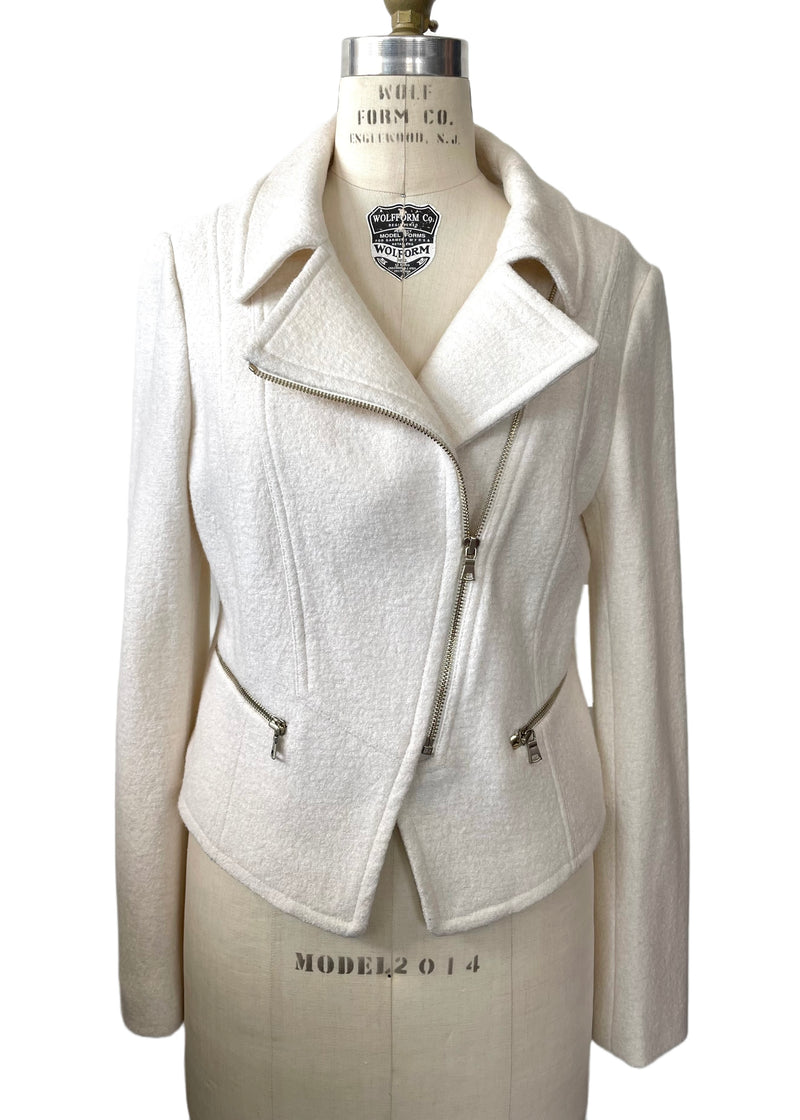 ANN TAYLOR Women's cream boiled wool moto style blazer w/ gold zippers, M