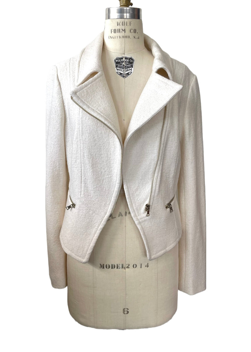 ANN TAYLOR Women's cream boiled wool moto style blazer w/ gold zippers, M