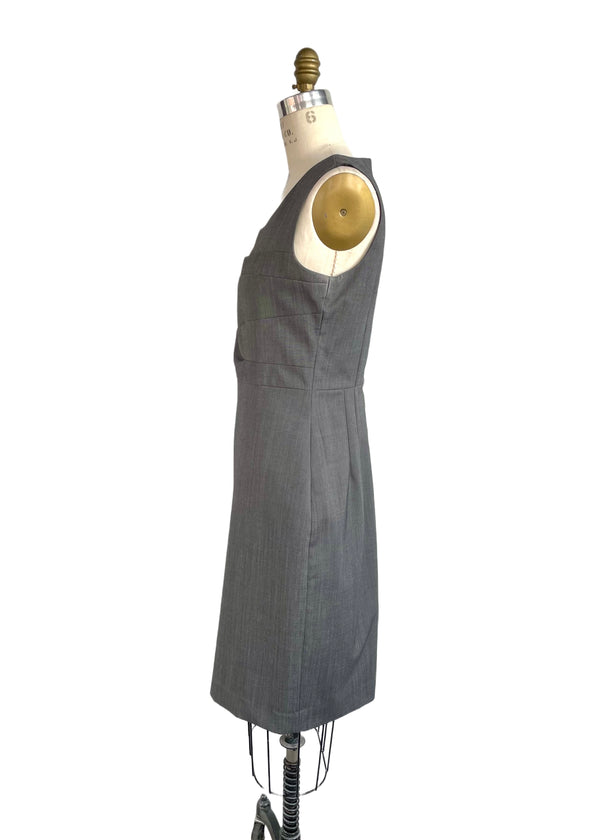 MEXX Women's grey wool sleeveless shift dress w/ asymmetrical pleating across torso, 8