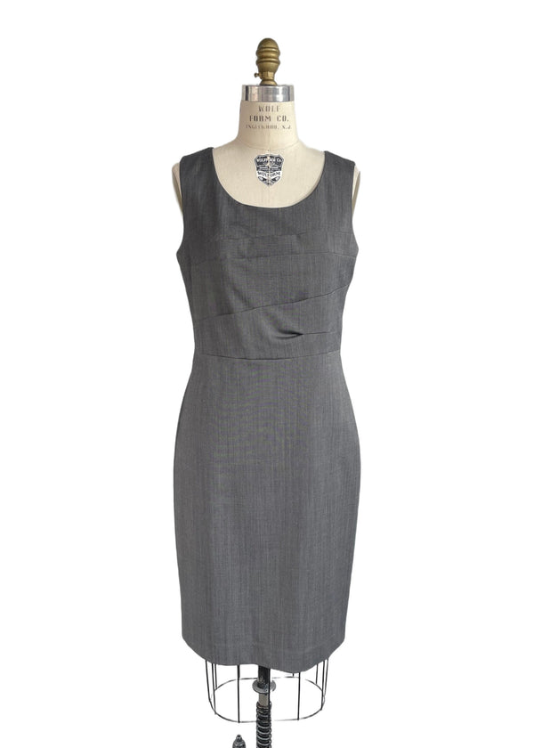 MEXX Women's grey wool sleeveless shift dress w/ asymmetrical pleating across torso, 8
