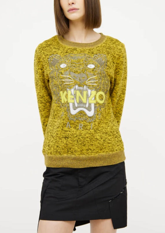 KENZO mustard heathered cotton pullover w/ tiger applique
