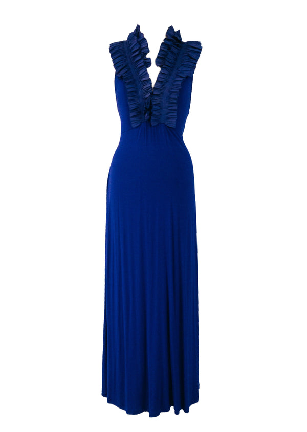 BCBG cobalt blue jersey sleeveless evening gown with pleated silk ruffle