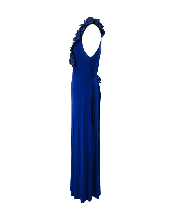 BCBG cobalt blue jersey sleeveless evening gown with pleated silk ruffle