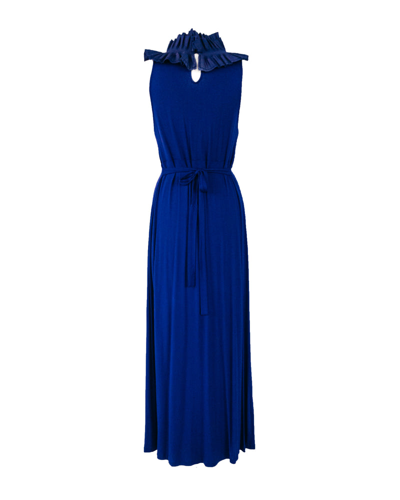BCBG cobalt blue jersey sleeveless evening gown with pleated silk ruffle