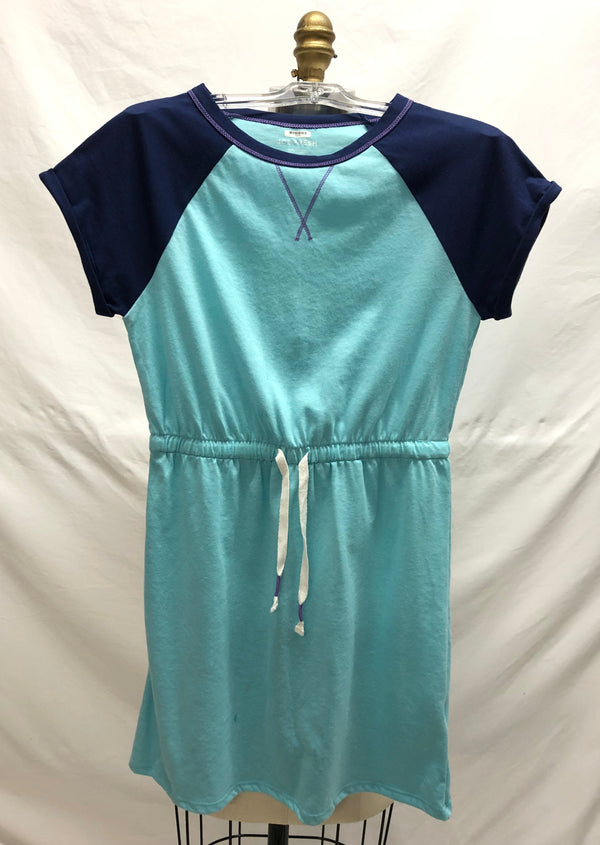JOE FRESH Girls aqua w/ navy short raglan sleeves dress, 10/12