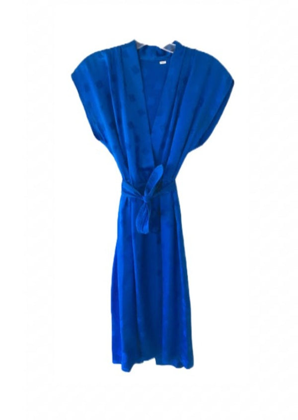 VINTAGE Women's electric blue silk square pattern dress w/ elastic waist self-tie belt, M