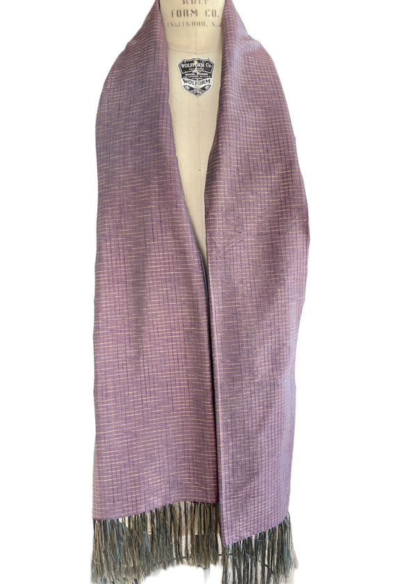 VINTAGE purple/blue shot silk check opera scarf with fringe, 24" x 74"