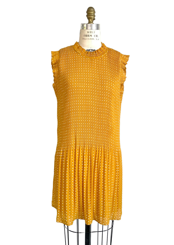 ELAINE ROSE Women's mustard chiffon sleeveless dress w/ star print, XS