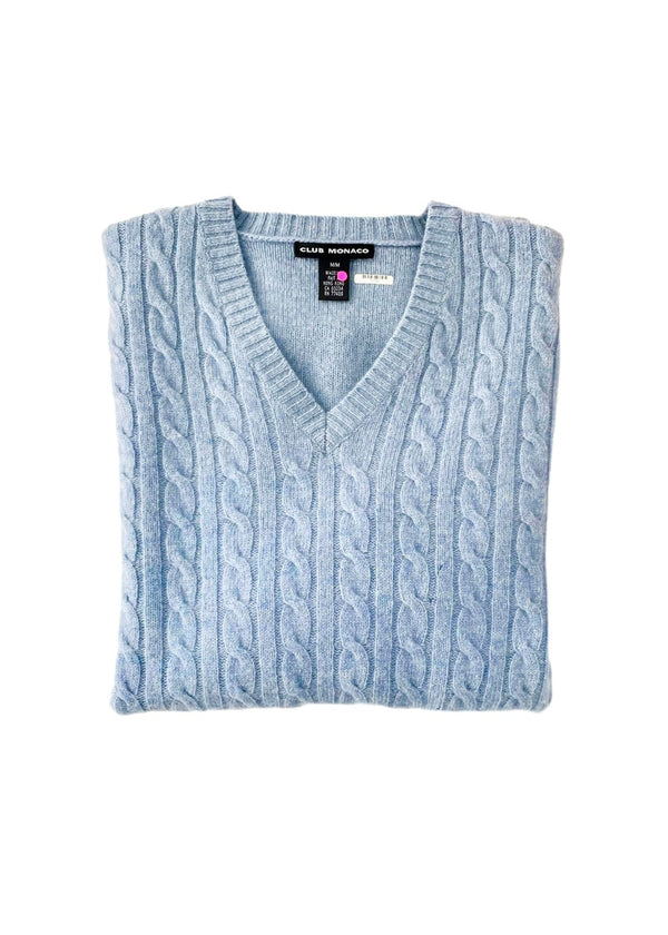 CLUB MONACO Mens pale blue wool v-neck cable knit sweater, M