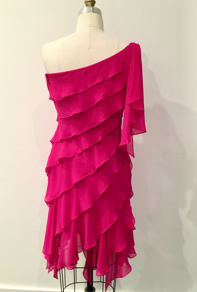 Y2K TADASHI hot pink silk chiffon one-shoulder layered dress, 2