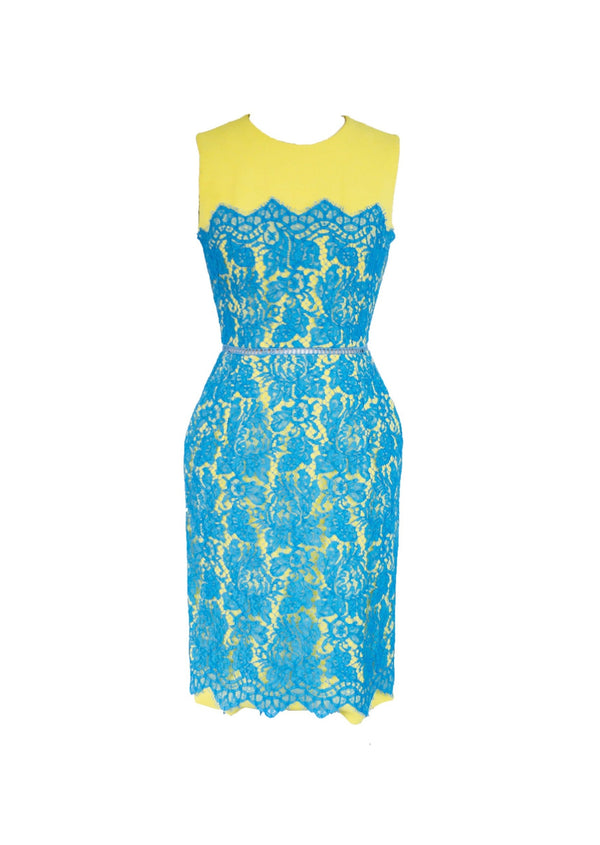 PREEN Women's yellow front navy back crepe shift dress w/ blue lace overlay, S