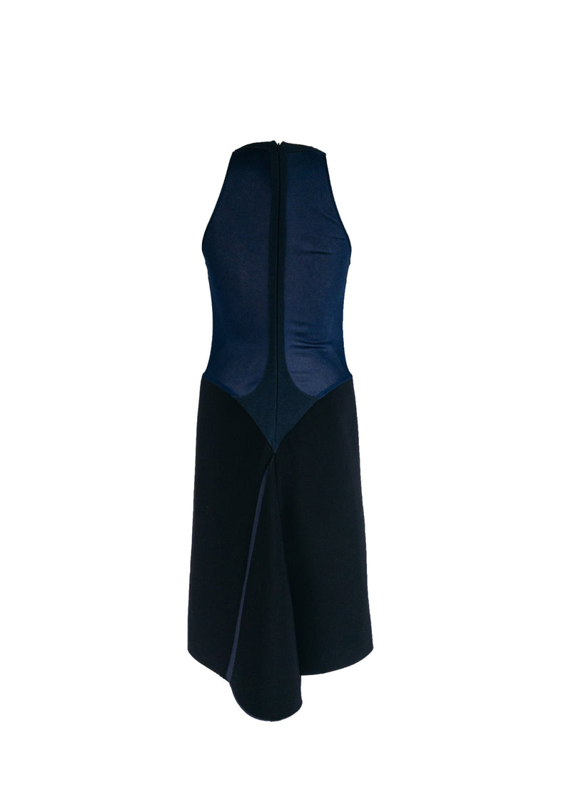 ESTEBAN CORTAZAR black scuba shift dress w/ sheer navy mesh back & back slit, 8 (40)