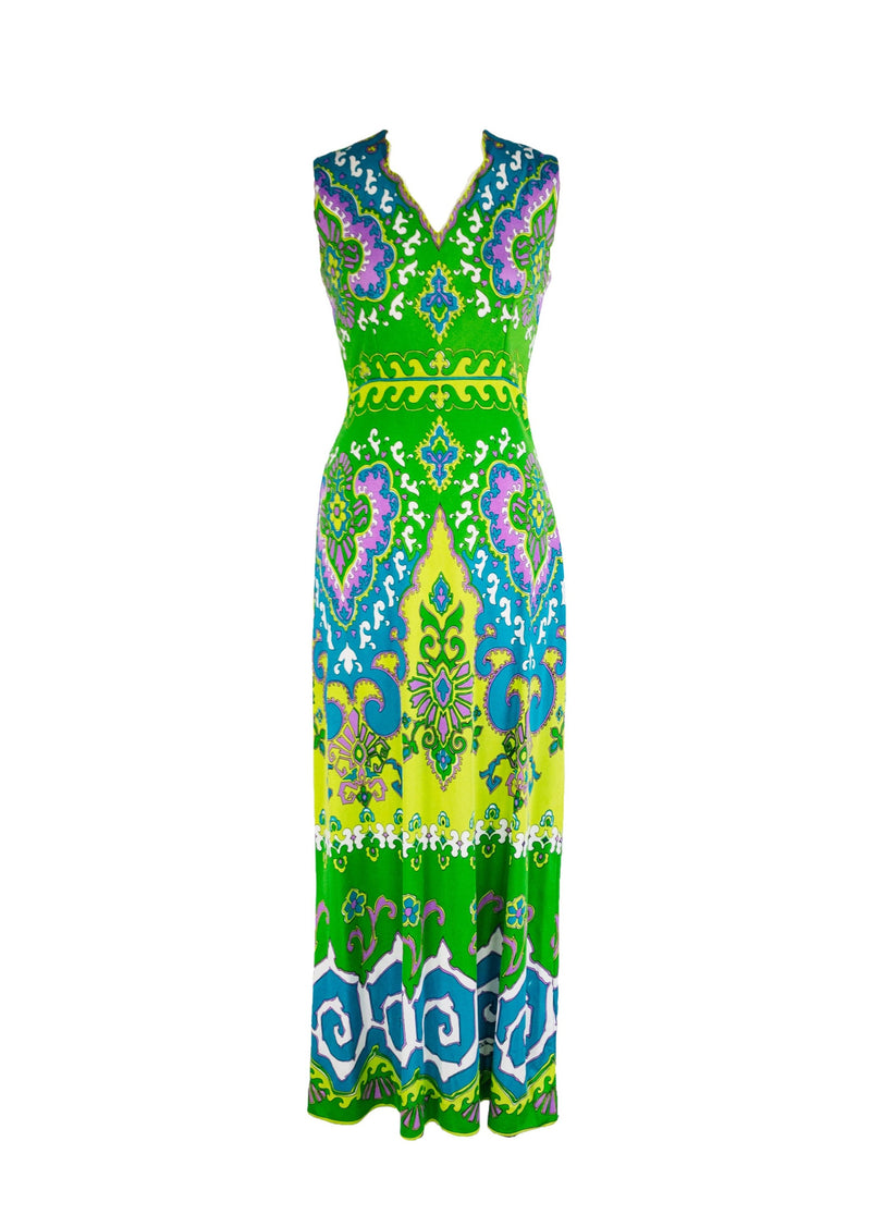DON MANUEL OF MIAMI Vintage green/turquoise/purple paisley print polyester knit sleeveless a-line gown, 10