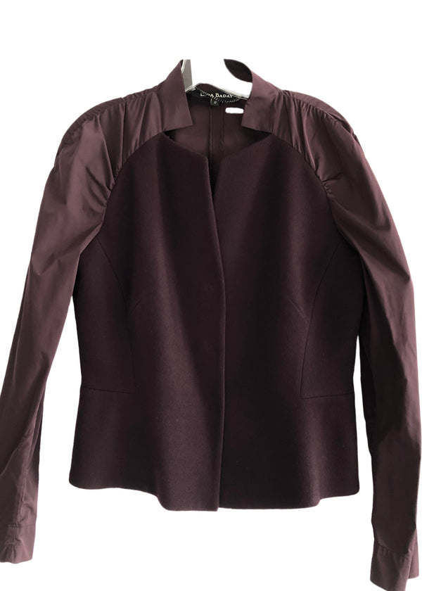 LIDA BADAY Women's burgundy silk taffeta & melton wool blazer, 12