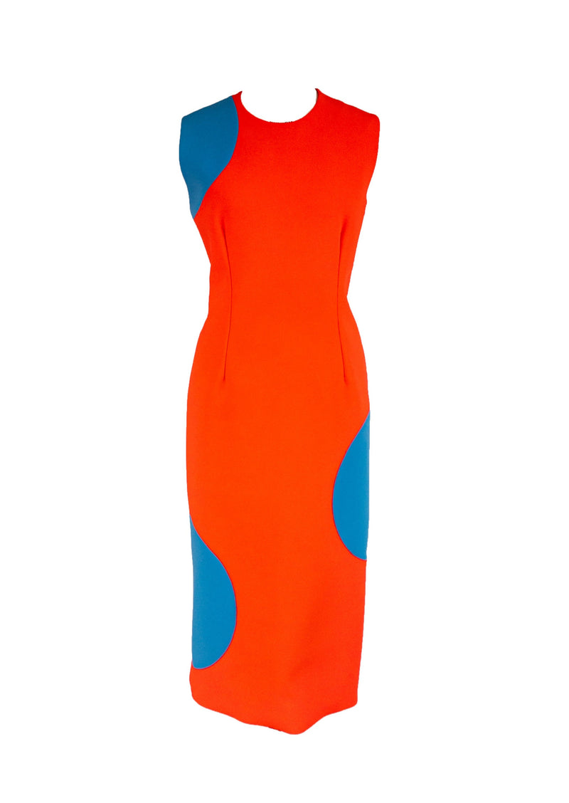 ROKSANDA Women's neon orange crepe w/ blue circles ‘Longuette Dress’109 sleeveless shift dress, 12