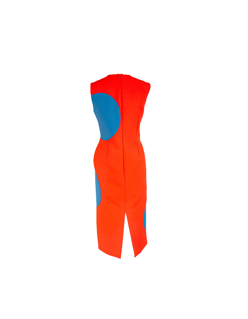 ROKSANDA Women's neon orange crepe w/ blue circles ‘Longuette Dress’109 sleeveless shift dress, 12